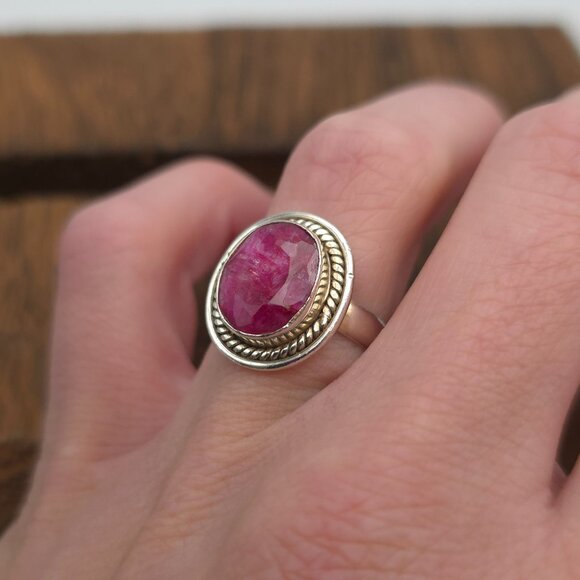 Size 7 Sterling Silver Faceted Rough Ruby Stone Ring A474 - Picture 3 of 8